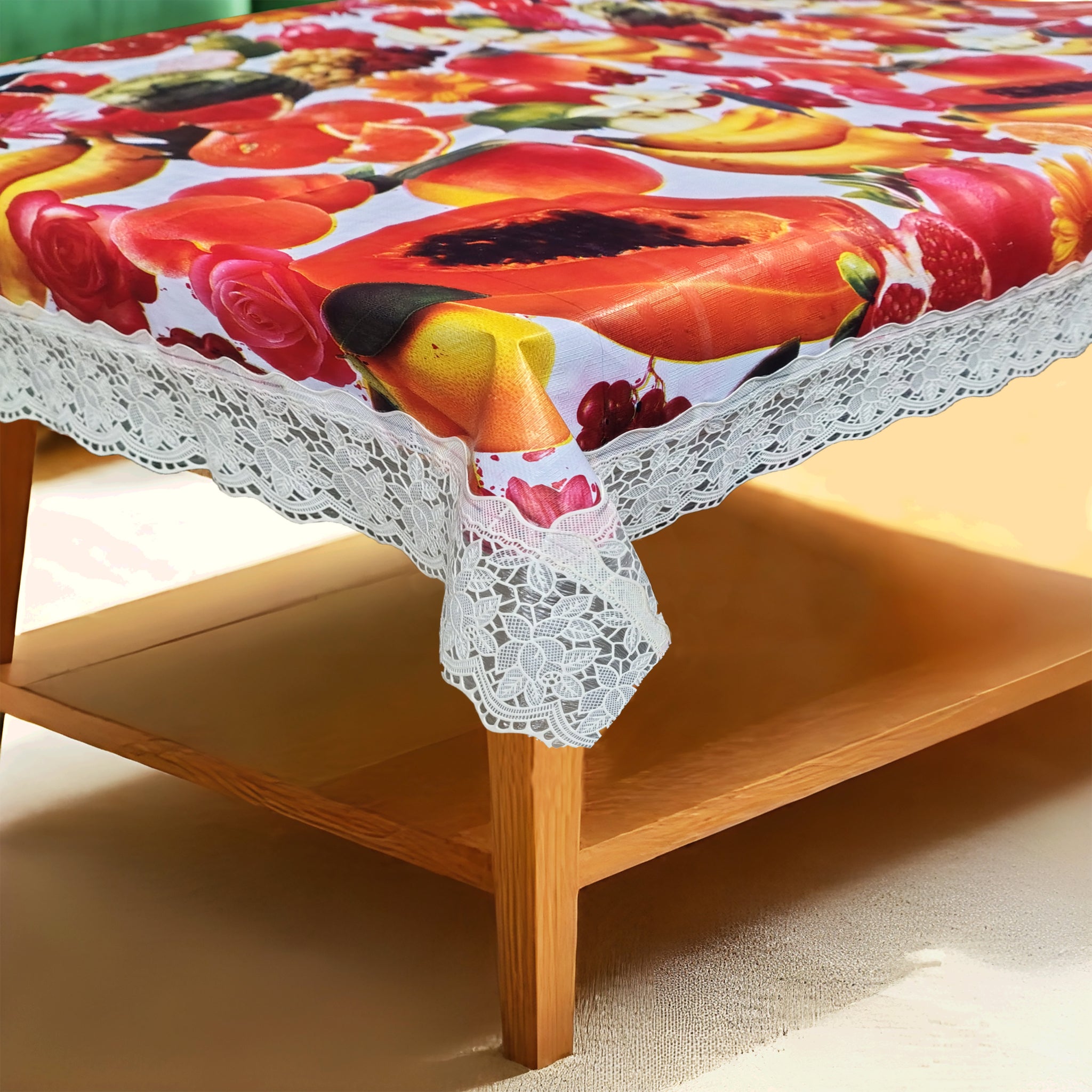 Fruit Pattern Print Center Table Cloth| Waterproof PVC 4 Seater Center Table Cover for Home Décor| High Thickness, Waterproof & Anti Slip Center Table Cover with White Lace (Size 40x60, Rectangular, Pack of 1)