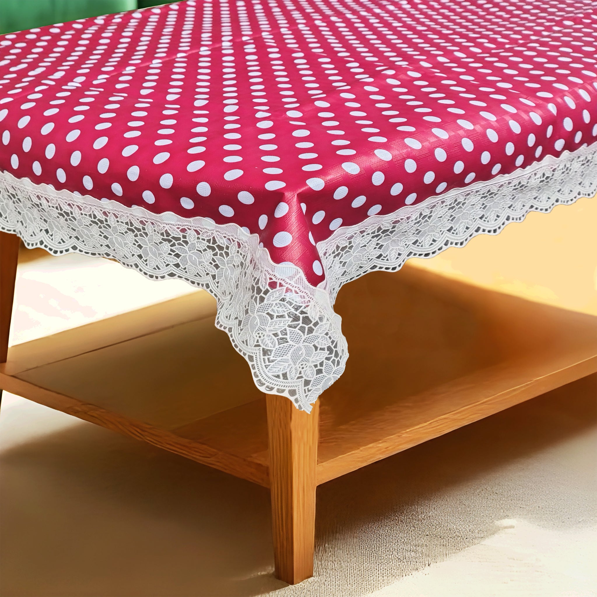 Red Polka Dot Print Center Table Cloth| Waterproof PVC 4 Seater Center Table Cover for Home Décor| High Thickness, Waterproof & Anti Slip Center Table Cover with White Lace (Size 40x60, Rectangular, Pack of 1)