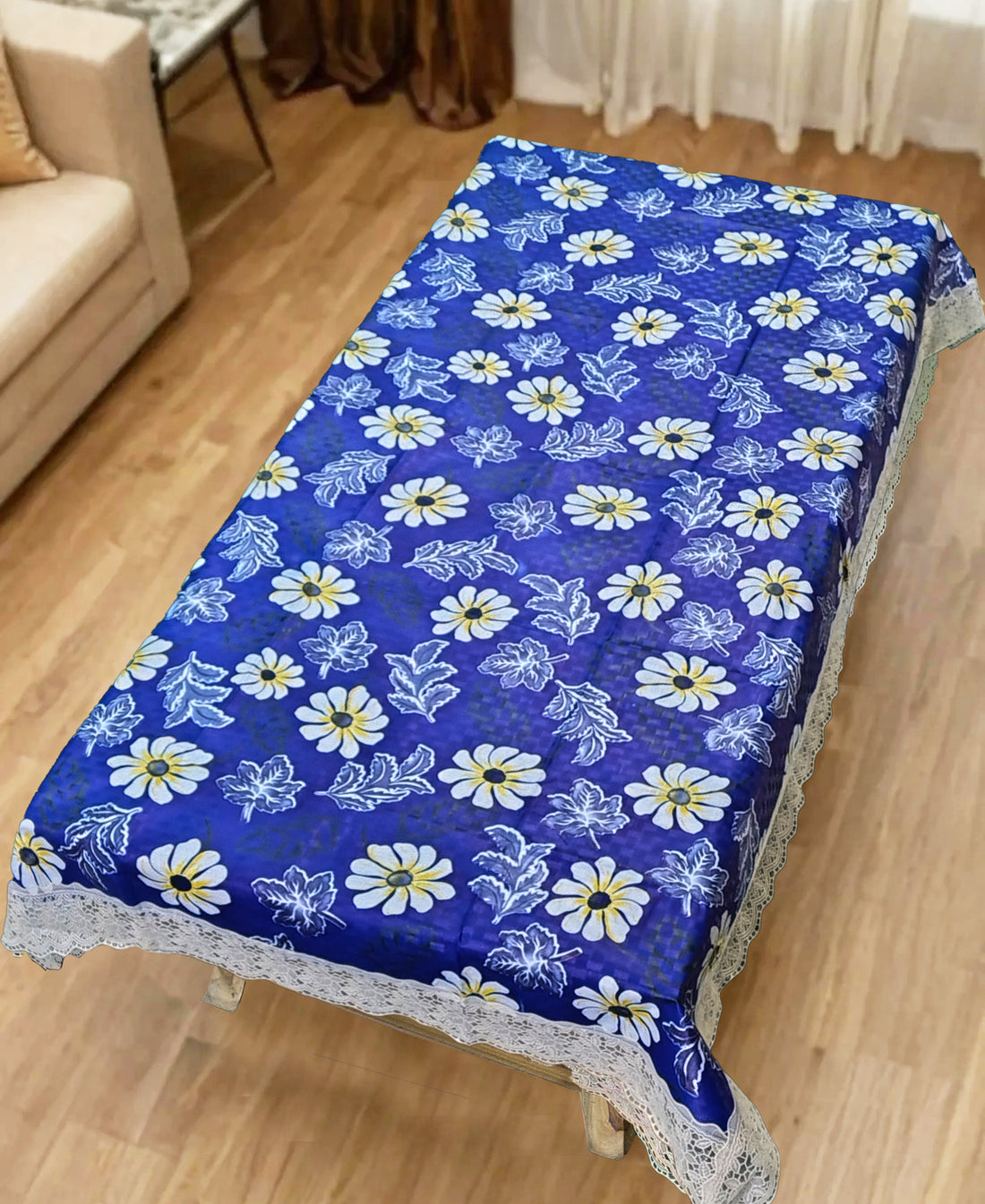 Blue Floral Print Center Table Cloth| Waterproof PVC 4 Seater Center Table Cover for Home Décor| High Thickness, Waterproof & Anti Slip Center Table Cover with White Lace (Size 40x60, Rectangular, Pack of 1)