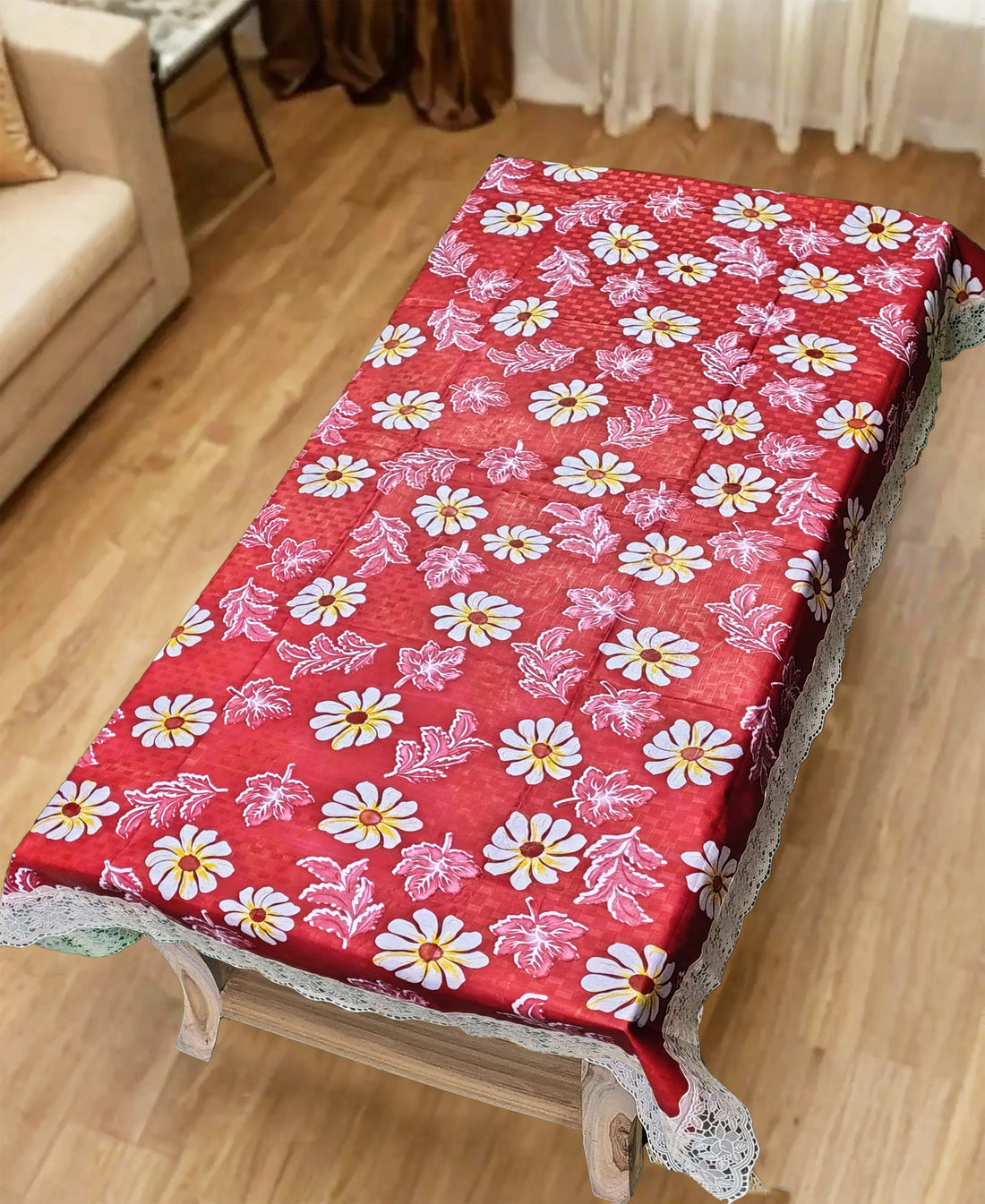 Red Floral Print Center Table Cloth| Waterproof PVC 4 Seater Center Table Cover for Home Décor| High Thickness, Waterproof & Anti Slip Center Table Cover (Size 40x60, Rectangular, Pack of 1)