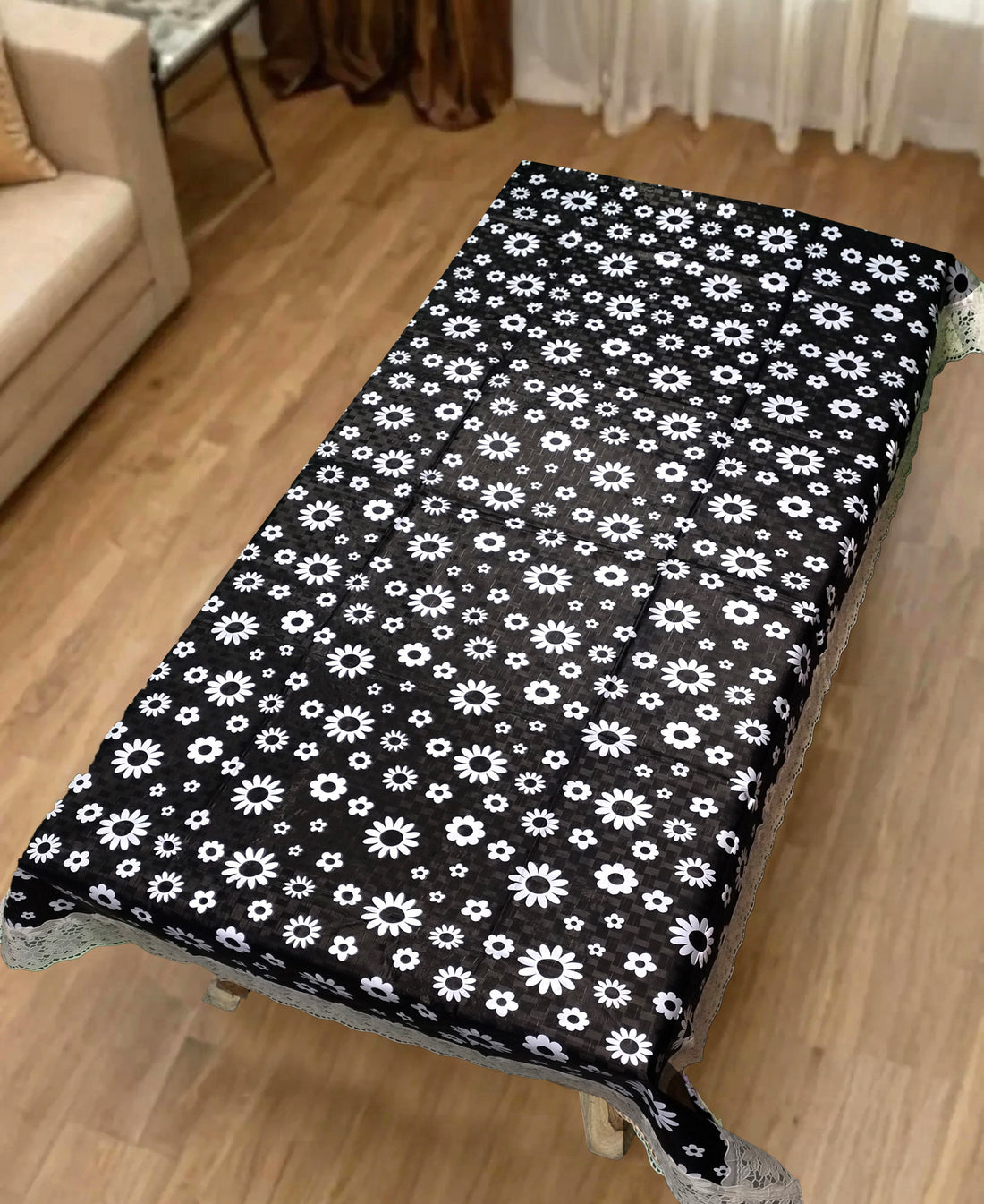 Black Floral Print Center Table Cloth| Waterproof PVC 4 Seater Center Table Cover for Home Décor| High Thickness, Waterproof & Anti Slip Center Table Cover with White Lace (Size 40x60, Rectangular, Pack of 1)