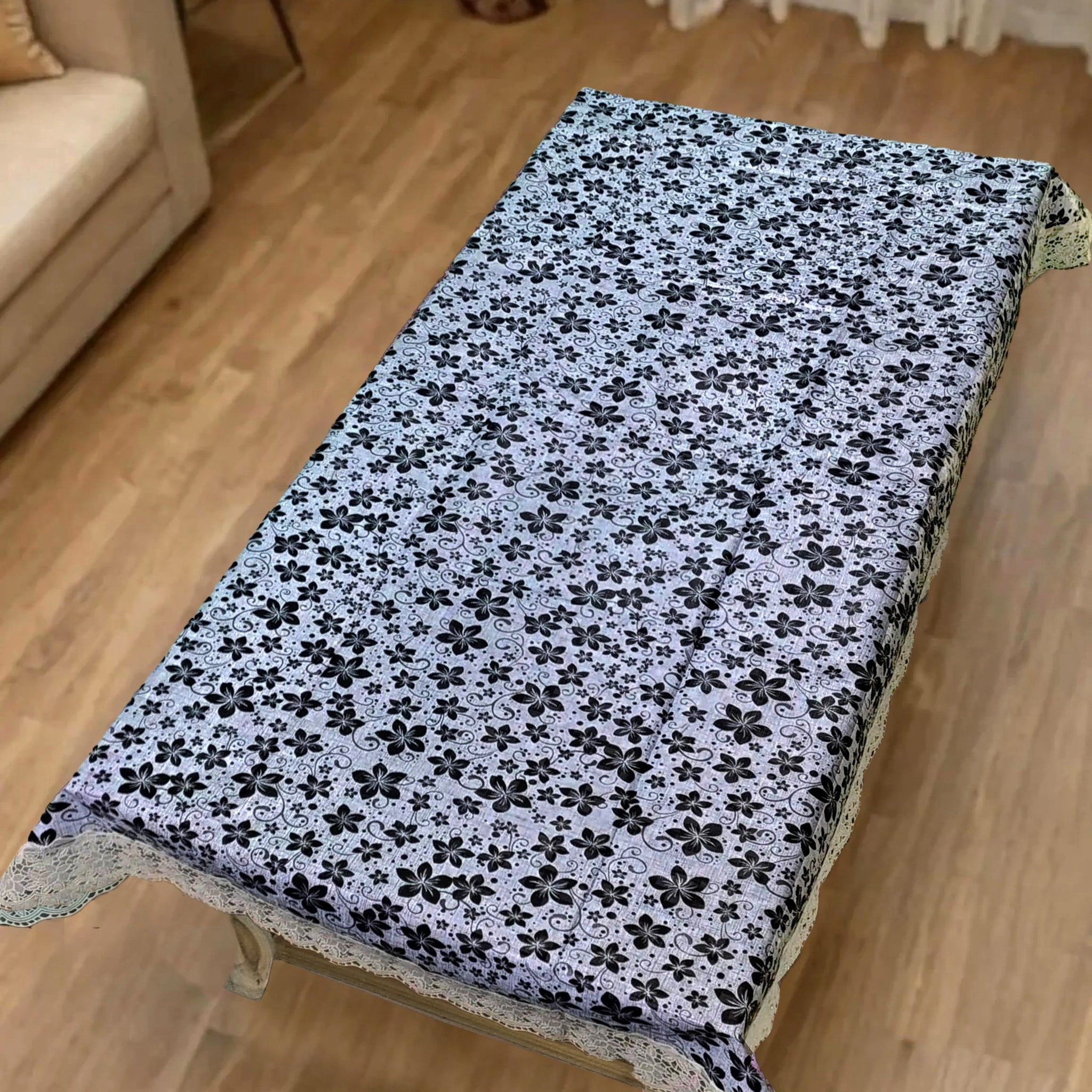 White Black Floral Print Center Table Cloth| Waterproof PVC 4 Seater Center Table Cover for Home Décor| High Thickness, Waterproof & Anti Slip Center Table Cover (Size 40x60, Rectangular, Pack of 1)