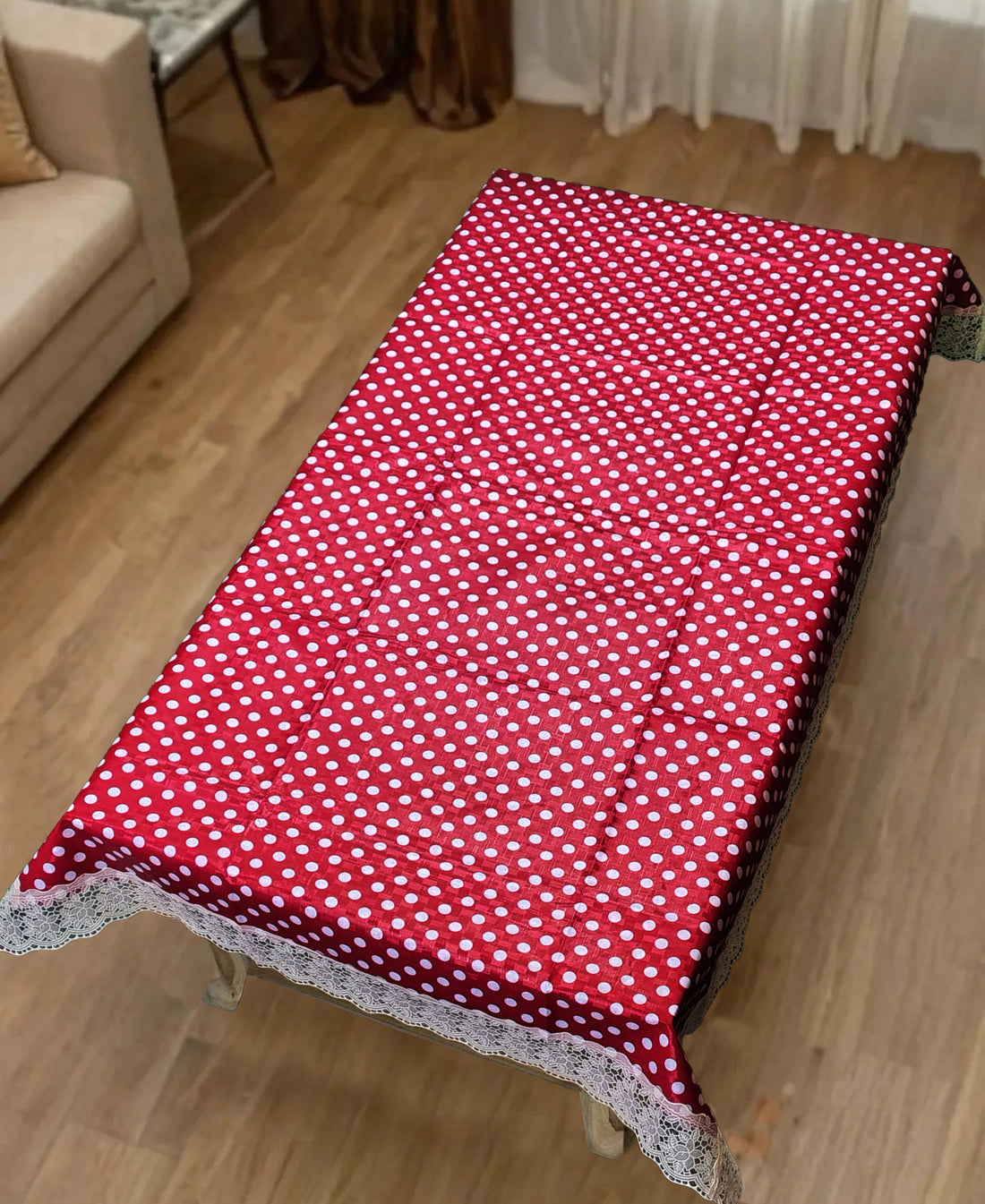 Red Polka Dot Print Center Table Cloth| Waterproof PVC 4 Seater Center Table Cover for Home Décor| High Thickness, Waterproof & Anti Slip Center Table Cover with White Lace (Size 40x60, Rectangular, Pack of 1)